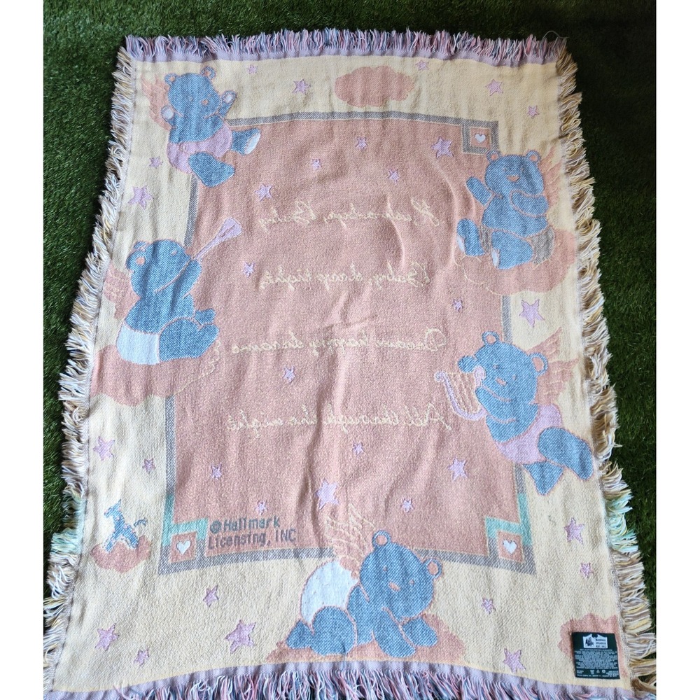 Hallmark Tapestry Nursery Throw Blanket Goodwin Weavers Angel Bears Fringe 36x46 - Picture 7 of 9